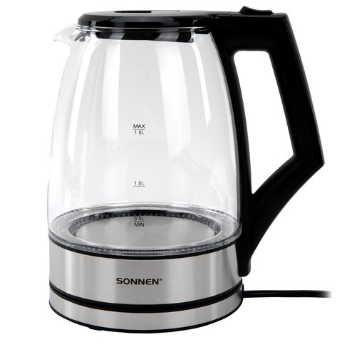 Чайник электрический SONNEN KT-1807, 1,8 л, 2200 Вт, термостойкое стекло, внутренняя подсветка синяя, нержавеющая сталь, 455140 - фото 1