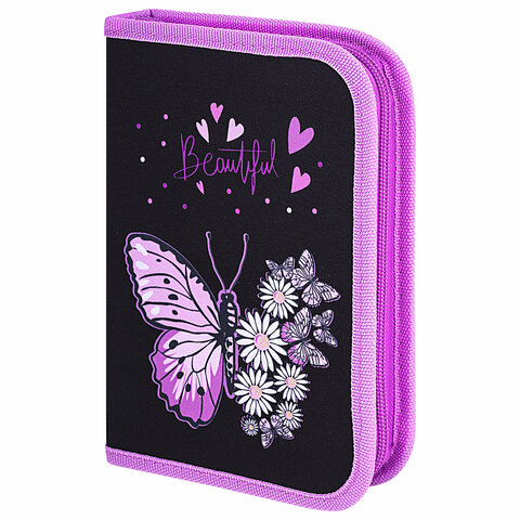 Пенал BRAUBERG с наполнением, 1 отделение, 1 откидная планка, 24 предмета, 21х14 см, "Flower butterfly", 271524 - фото 1