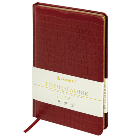 Еженедельник датированный 2026 А5 145х215 мм, BRAUBERG "Comodo", под кожу, красный, 117168 - фото 1