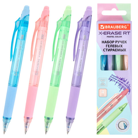 Ручки гелевые стираемые автоматические BRAUBERG "X-ERASE RT PASTEL COLOR", СИНИЕ, НАБОР 4 ШТ., пишущий узел 0,7 мм, линия 0,5 мм, 144426 - фото 1
