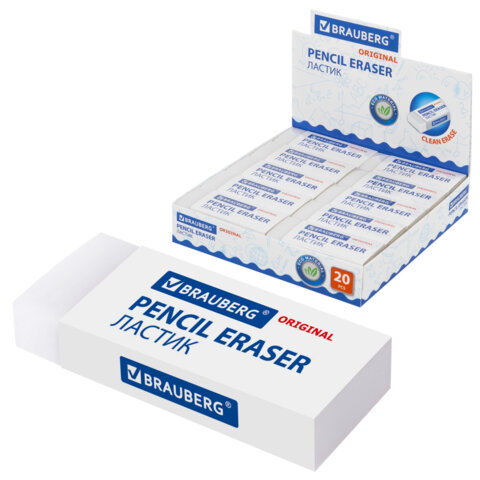 Ластик большой BRAUBERG EXTRA, 60х24х11 мм, белый, прямоугольный, экологичный ПВХ, картонный держатель, 228074 - фото 1