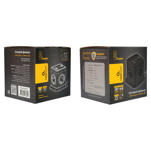 Сетевой фильтр CABLEXPERT Tower, 4 розетки, 10 А, 1 x Type-C PD, 20 Вт, 2 х USB, 2 м, черный, TWR-4-CU2-B-2 - фото 4