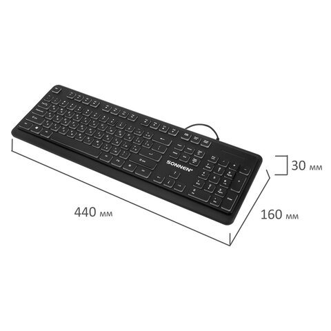 Клавиатура проводная USB, 104 плоские клавиши, LED-подсветка, SONNEN K308, черная, 513947 - фото 7
