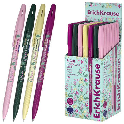Ручка шариковая ERICH KRAUSE "R-301 Stick Floral" СИНЯЯ, синяя, корпус ассорти, линия 0,35 мм, 63077 - фото 1
