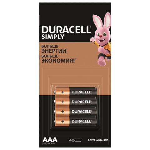 Батарейки КОМПЛЕКТ 4 шт. (отрывной блок), DURACELL Simply ОРИГИНАЛ, AAA (LR03,24А), алкалиновые, мизинчиковые, Б0046869 - фото 1