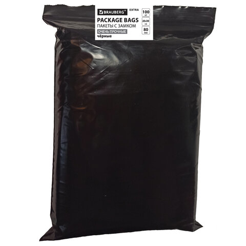 Пакеты ZIP-LOCK ОЧЕНЬ ПРОЧНЫЕ, комплект 100 шт., 200x300 мм, ПВД, 80 мкм, ЧЁРНЫЕ, BRAUBERG, 608931 - фото 1
