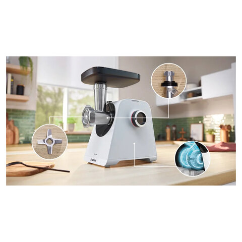 Мясорубка BOSCH MFWS420W, мощность 1900 Вт, производительность 2,5 кг/мин, металлический шнек, реверс - фото 2