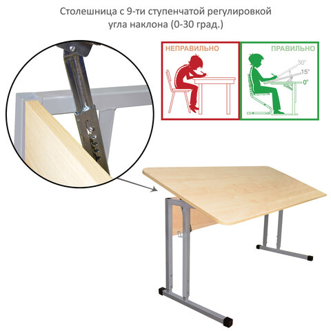 Стол-парта 2-местный, регулируемый угол, "Умник" 1200х500х520-640мм, рост 2-4, серый каркас, ЛДСП клён - фото 5