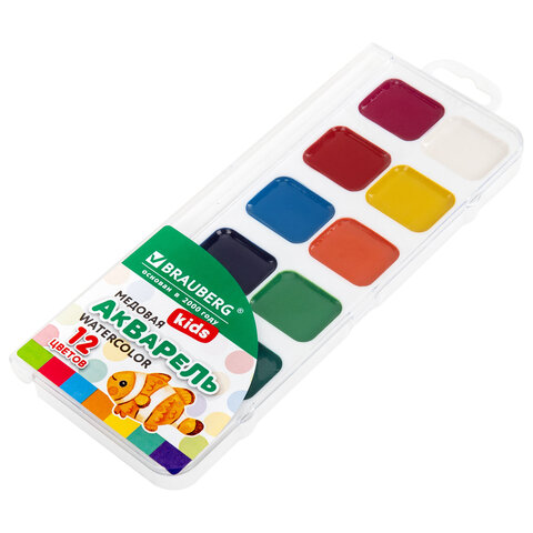 Краски акварельные BRAUBERG KIDS NEW, медовые, 12 цветов, квадратные кюветы, пластиковый пенал с европодвесом, 192796 - фото 4