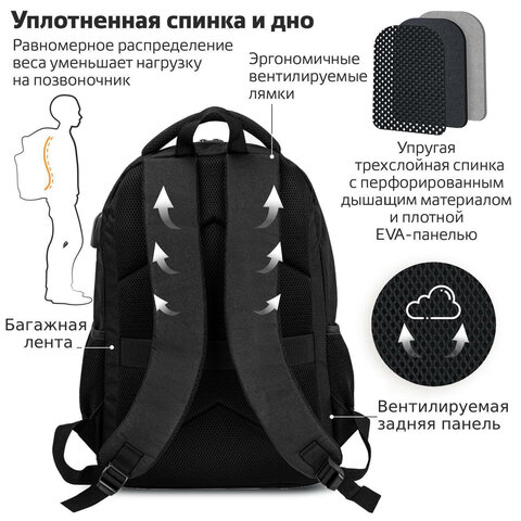Рюкзак BRAUBERG URBAN универсальный с отделением для ноутбука, USB-порт, "Kinetic", черный, 46х31х18 см, 270798 - фото 14