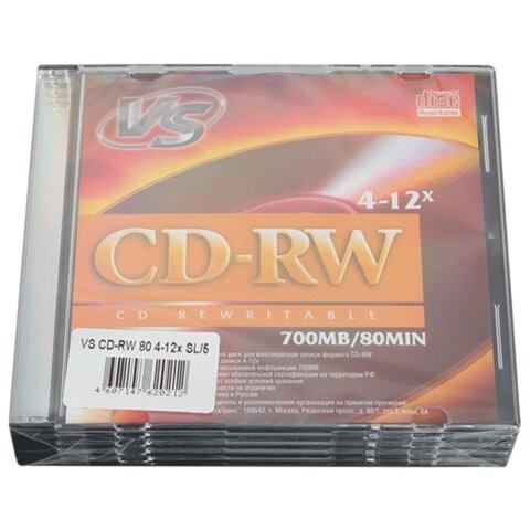 Диски CD-RW VS 700 Mb, 4-12x, Slim Case, КОМПЛЕКТ 5 шт., VSCDRWSL501 - фото 1