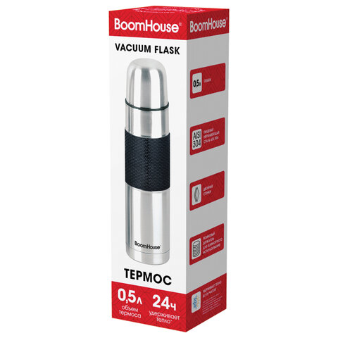 Термос 0,5 л, BOOMHOUSE (БУМХАУС) CLASSIC, нержавеющая сталь SUS304, черный силиконовый рукав, крышка/кружка, 700307 - фото 3