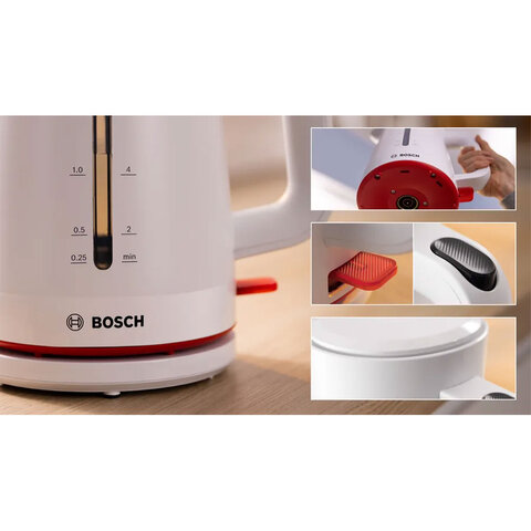 Чайник BOSCH TWK3M121, 1,7 л, 2400 Вт, закрытый нагревательный элемент, пластик, белый - фото 3