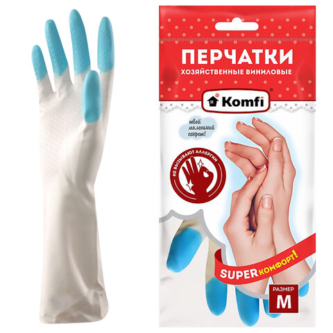 Перчатки МНОГОРАЗОВЫЕ виниловые SUPER КОМФОРТ, гипоаллергенные, размер M (средний), вес 88 г, Komfi, ADM, 25590 - фото 1