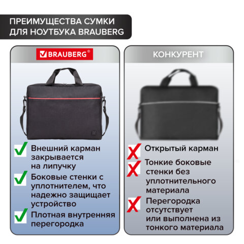 Сумка портфель BRAUBERG PRACTICAL с отделением для ноутбука 15,6", "Red line", черная, 29х40х7 см, 270829 - фото 17