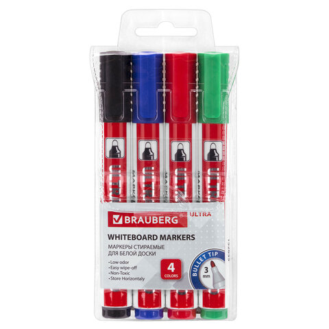 Маркеры стираемые для белой доски, НАБОР 4 ЦВЕТА, BRAUBERG "ULTRA WHITEBOARD MARKER", 3 мм, 152635 - фото 2