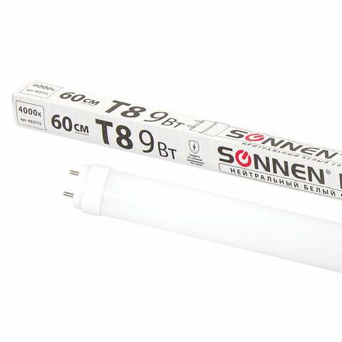 Лампа-трубка светодиодная SONNEN, 9 Вт, 30000 ч, 60 см, нейтральный белый (аналог 18 Вт люминесцентной лампы), LED T8-9W-4000-G13, 453715 - фото 1