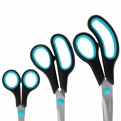 Ножницы BRAUBERG SOFT GRIP, НАБОР 3 штуки (140, 190, 230 мм), эргономичные черно-бирюзовые ручки, ВЫГОДНАЯ УПАКОВКА, 238411 - фото 3