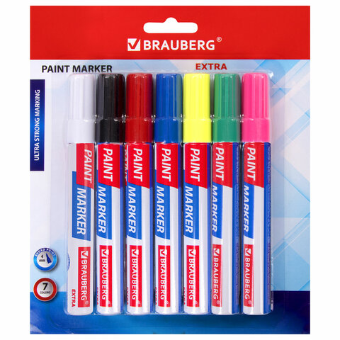 Маркер-краска лаковый EXTRA (paint marker) 4 мм, НАБОР 7 цветов, УСИЛЕННАЯ НИТРО-ОСНОВА, BRAUBERG, 152001 - фото 1