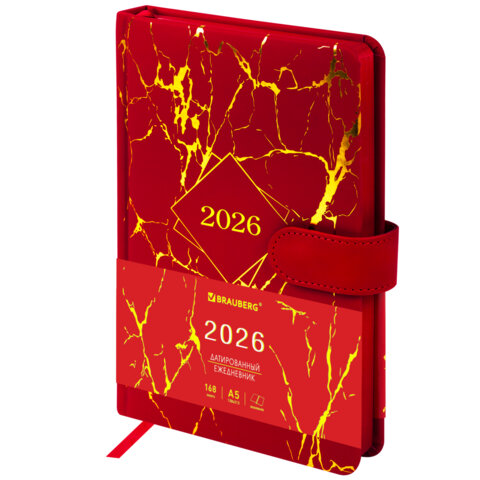 Ежедневник датированный 2026 А5 138x213 мм, BRAUBERG "Goldy", под кожу, цветной срез, красный, 117471 - фото 1