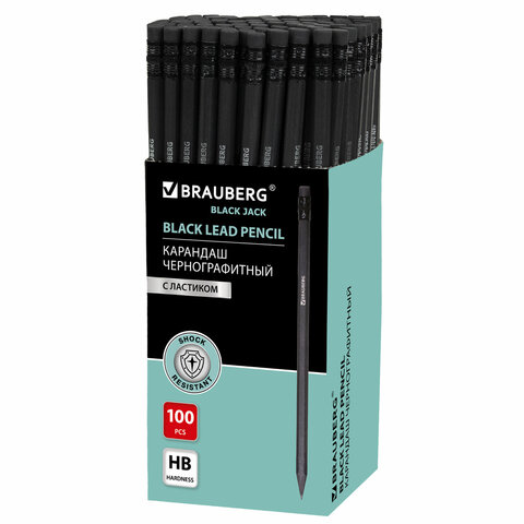 Карандаш чернографитный BRAUBERG, 1 шт., "Black Jack", НВ, с ластиком, черное дерево, корпус черный, 180609 - фото 6