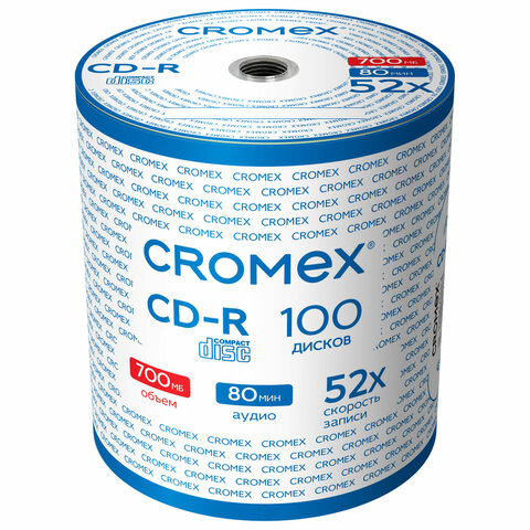 Диски CD-R CROMEX, 700 Mb, 52x, Bulk (термоусадка без шпиля), КОМПЛЕКТ 100 шт., 513779 - фото 1