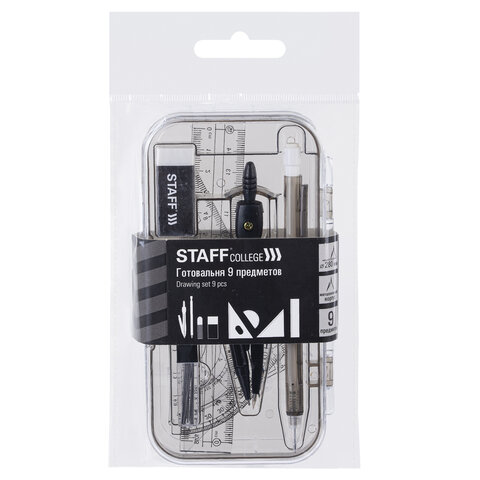 Готовальня STAFF "College" 9 предметов: циркуль 120 мм, чертежные принадлежности, механический карандаш, пластиковый пенал, 210863 - фото 1