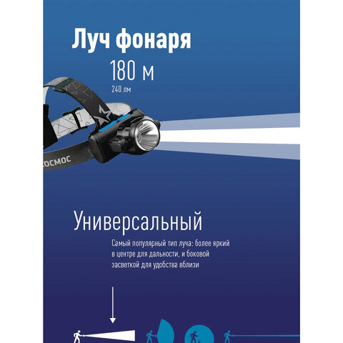 Фонарь налобный аккумуляторный КОСМОС, 5 Вт, COB, Li-ion, 3 режима, заряд от USB, KOCH5WLi-On - фото 7