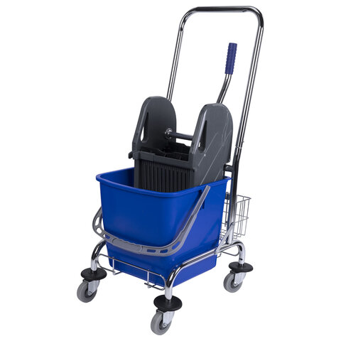 Тележка уборочная BRABIX, 1 съемное ведро 25 л, механический отжим, корзина, металлический каркас, синяя, 601498 - фото 1