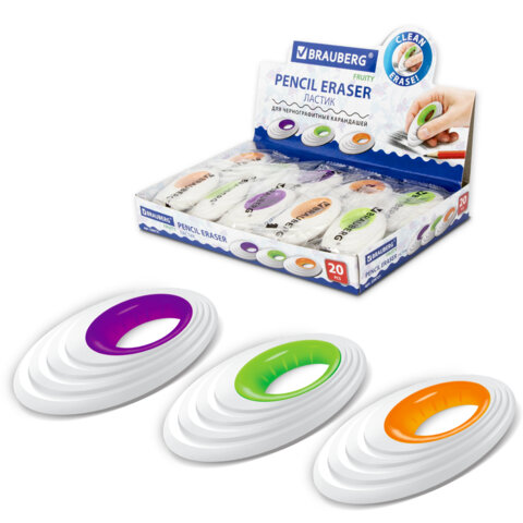 Ластик большой BRAUBERG "Fruity", 65х40х13 мм, белый, пластиковый держатель ассорти, 228721 - фото 1