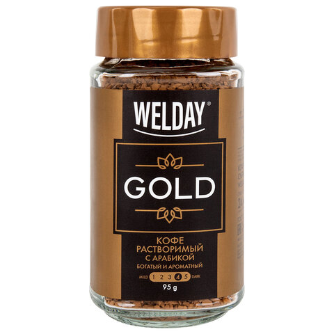 Кофе растворимый WELDAY (ВЭЛДЭЙ) "GOLD" 95 г, стеклянная банка, сублимированный, 622675 - фото 1