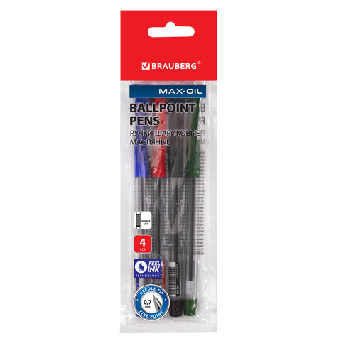 Ручки шариковые масляные BRAUBERG, НАБОР 4 шт., АССОРТИ, "Max-Oil", узел 0,7 мм, линия письма 0,35 мм, 142146 - фото 1