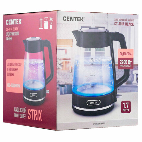 Чайник CENTEK CT-1014, 1,7 л, 2200 Вт, закрытый нагревательный элемент, стекло, черный, CT-1014 Black - фото 7