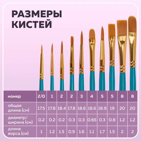 Кисти синтетика BRAUBERG, НАБОР 10 шт., синие (Круглые; Овальные; Плоские; Лайнеры), 201030 - фото 26
