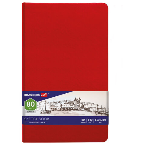 Скетчбук, слоновая кость 140 г/м2 130х210 мм, 80 л., КОЖЗАМ, резинка, BRAUBERG ART CLASSIC, красный, 113193 - фото 1