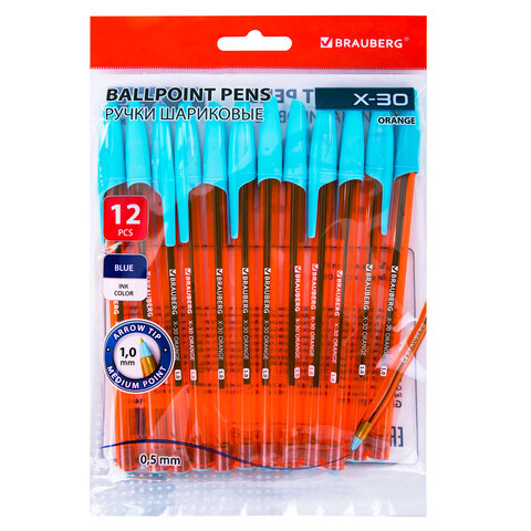 Ручки шариковые BRAUBERG X-30 ORANGE, КОМПЛЕКТ 12 шт., СИНИЕ, пишущий узел 1 мм, линия письма 0,5 мм, 144334 - фото 1