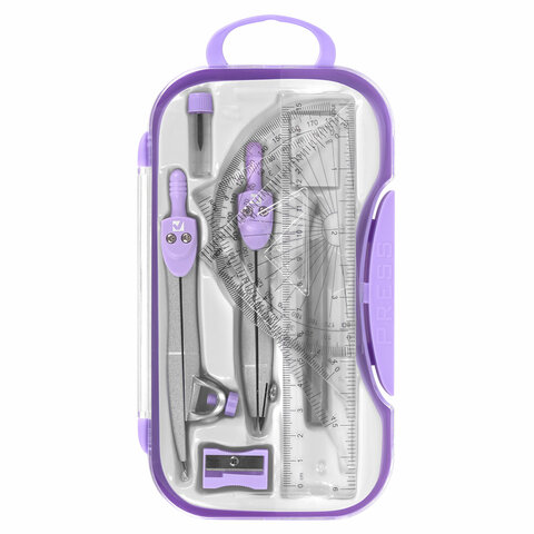 Готовальня BRAUBERG SCHOOL KIT, 11 предметов, циркуль 115 мм, циркуль 125 мм, чертежные принадлежности, лавандовый цвет, 210714 - фото 2