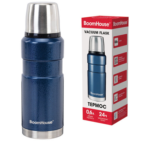 Термос 0,6 л, BOOMHOUSE (БУМХАУС) DARKBLUE, нержавеющая сталь SUS304, молотковая эмаль, крышка/кружка, синий, 700309 - фото 1