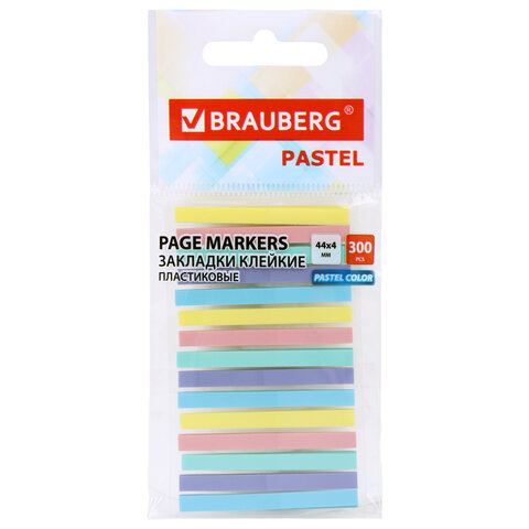 Закладки клейкие пастельные BRAUBERG PASTEL, 44х4 мм, 300 штук (15 блоков х 20 листов), 116683 - фото 1