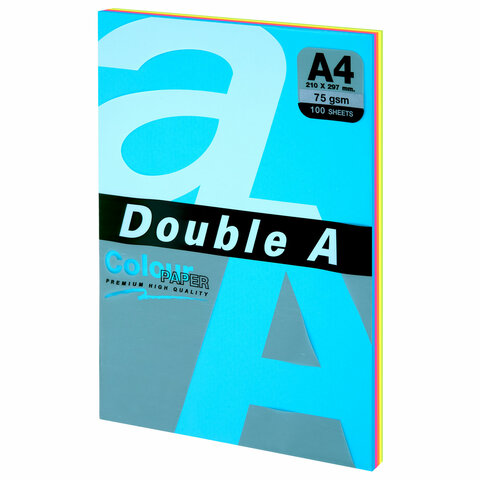 Бумага цветная DOUBLE A, А4, 75 г/м2, 100 л., 5 цветов x 20 л., микс неон - фото 1