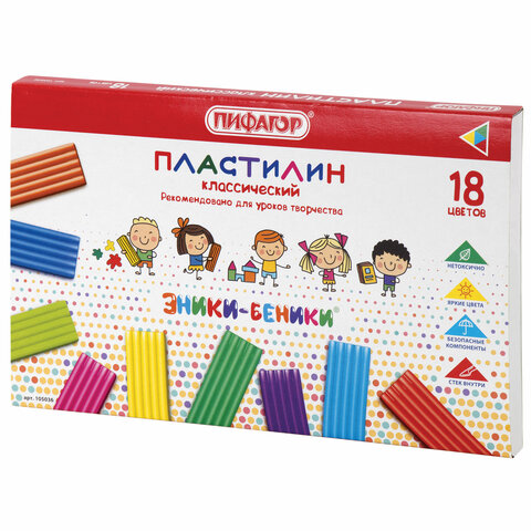Пластилин классический ПИФАГОР "ЭНИКИ-БЕНИКИ" 18 цветов, 270 г, со стеком, картонная упаковка, 105036 - фото 2