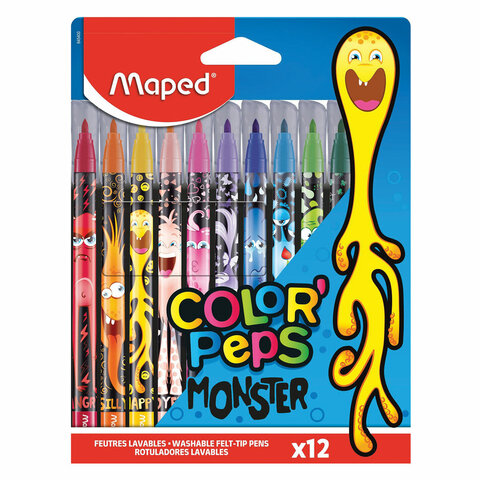 Фломастеры MAPED "COLOR PEP'S Monster", 12 цветов, смываемые, вентилируемый колпачок, 845400 - фото 1