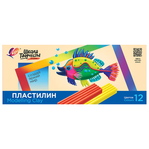 Пластилин классический ЛУЧ "Школа творчества", 12 цветов, 240 г, стек, картонная упаковка, 29С 1763-08 - фото 1