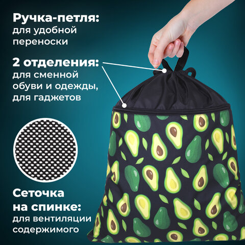 Мешок для обуви BRAUBERG БОЛЬШОЙ, с ручкой, карман на молнии, сетка, 49х41 см, "Avocado", 271058 - фото 9