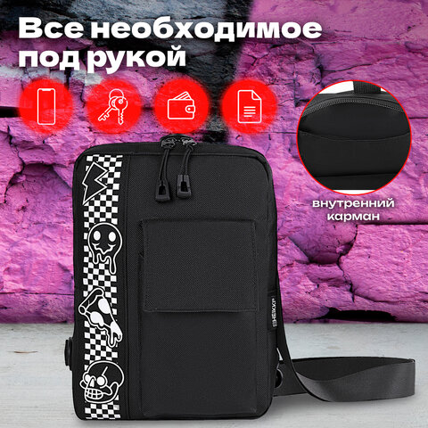 Сумка на плечо HEIKKI TORRENT (ХЕЙКИ) с карманом, "Chess emoji", черная, 25х18х3 см, 272638 - фото 10