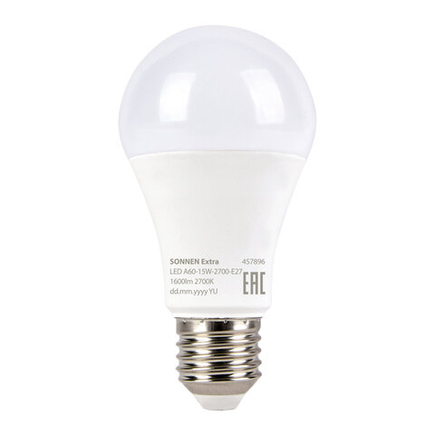 Лампа светодиодная SONNEN EXTRA, 15 (130) Вт, Е27, груша, теплый белый, 30000 ч, LED A60-15W-2700-Е27, 457896 - фото 2