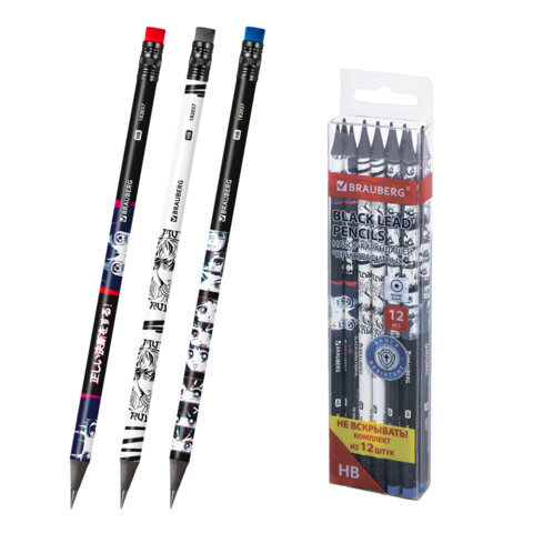 Набор карандашей чернографитных с принтом BRAUBERG "MANGA", 12 штук, HB, с ластиком, корпус ассорти, 182037 - фото 1