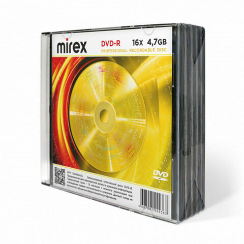 Диск DVD-R MIREX, 4,7 ГБ, 16x, Slim Case, КОМПЛЕКТ 5 шт., UL130003A1F - фото 1