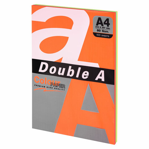 Бумага цветная DOUBLE A, А4, 80 г/м2, 100 л., 5 цветов x 20 л., микс интенсив - фото 1