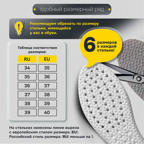 Стельки для обуви АНАТОМИЧЕСКИЕ ДЫШАЩИЕ, материал PU PRO, размер RU 34-39 / EU 35-40, с линиями выреза, SHEGRA (ШЕГРА), 700738 - фото 17